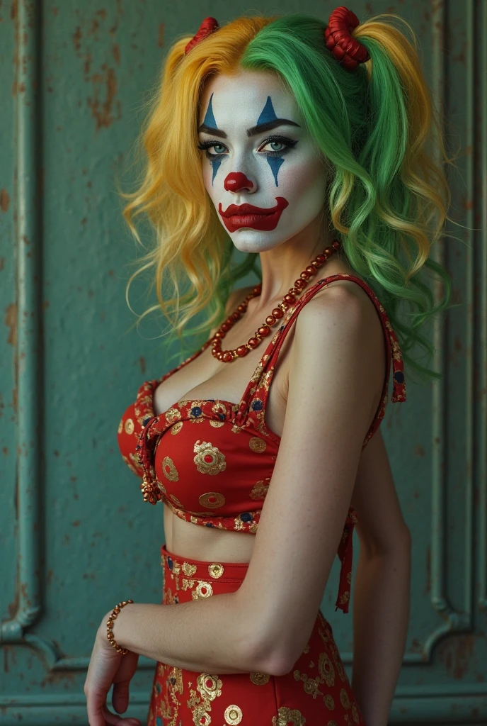 close-up of a woman with a frog on her head, Harley Quinn, портрет Harley Quinn, Colorful camera work, Scary 4K color graphics, artist Julie Bell Beeple, Artist Alessandro Pautasso, Harley Quinn, author Galen Dara, Martin Ten, artistic portrait of Martin Ten, Harley Quinn