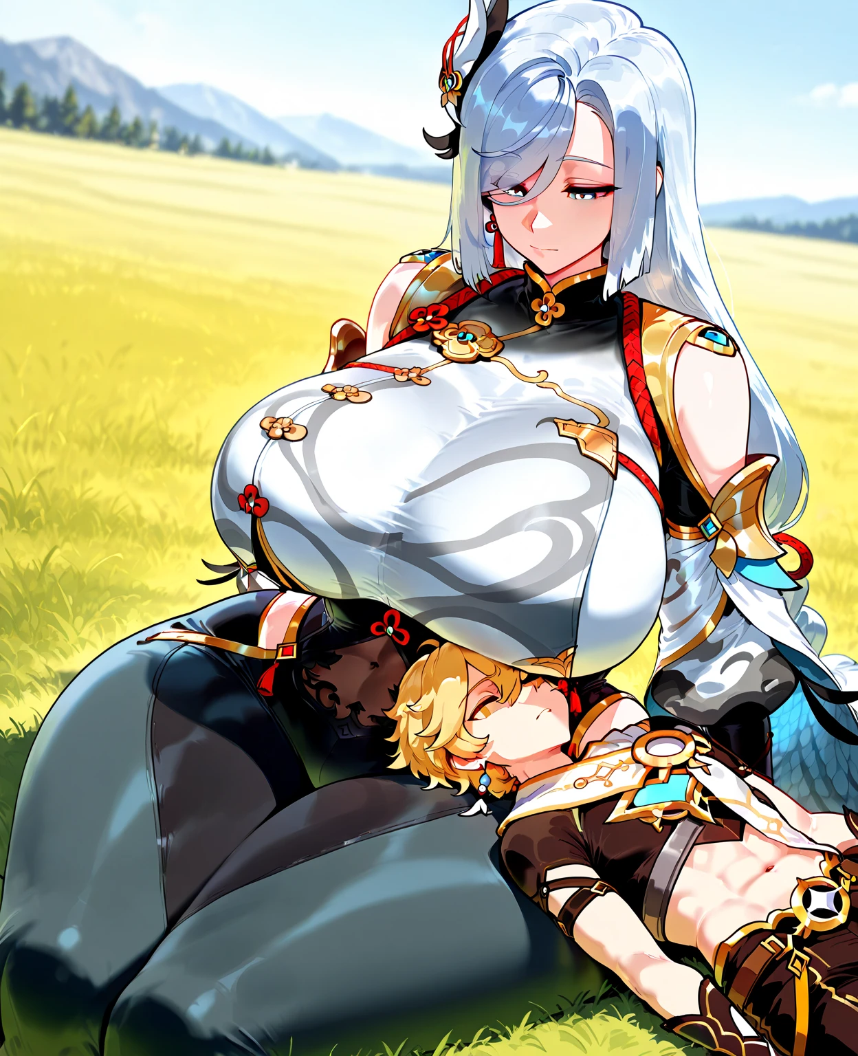 (masterpiece, highly detailed:1.2), 1girl, sarielx, heterochromia, braided ponytail, head wings, braided bangs, fantasy landscape, soft particles, gold armor, sideboob, underboob, gold skirt, gold gauntlets, head chain, angel wings, Very embarrassed, blush, Amazing, finely detail, multiple old mans, standing, large breasts, ultra-detailed, rodo, (old worker), retired, 2old mans, surrounded by old men, multiple boys, hetero, breast grab, breast grab from behind, She is shorter than the old man., blue sky, grassland, Mumu, Exposed nipples, (Men and women are the same height:1.5), groping, smile, close-up, cowboy shot, best quality