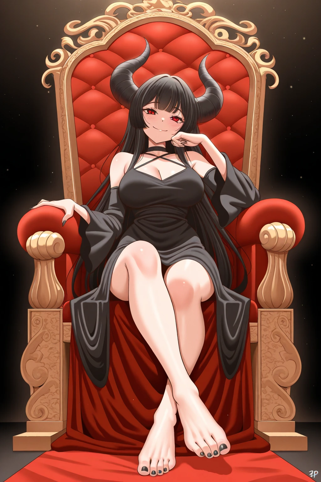 masterpiece, Score_9, Score_8_up, Score_7_up, front view, 1 woman, alone, black hair with red, long hair, split bangs, dark red eyes, half-closed eyes, parted lips, expressionless, pale skin, large breasts, best quality, horns top, long open bangs, basic black dress with v-neckline, high heels, sitting on a throne, boku no Hero academia