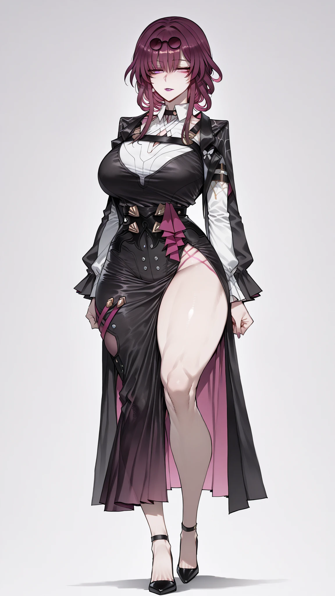 , short hair, huge breast, pink eyes, pink hair, animal ear, standing, whole body, feet, black dress, gorset, big cleavage, sexy, short