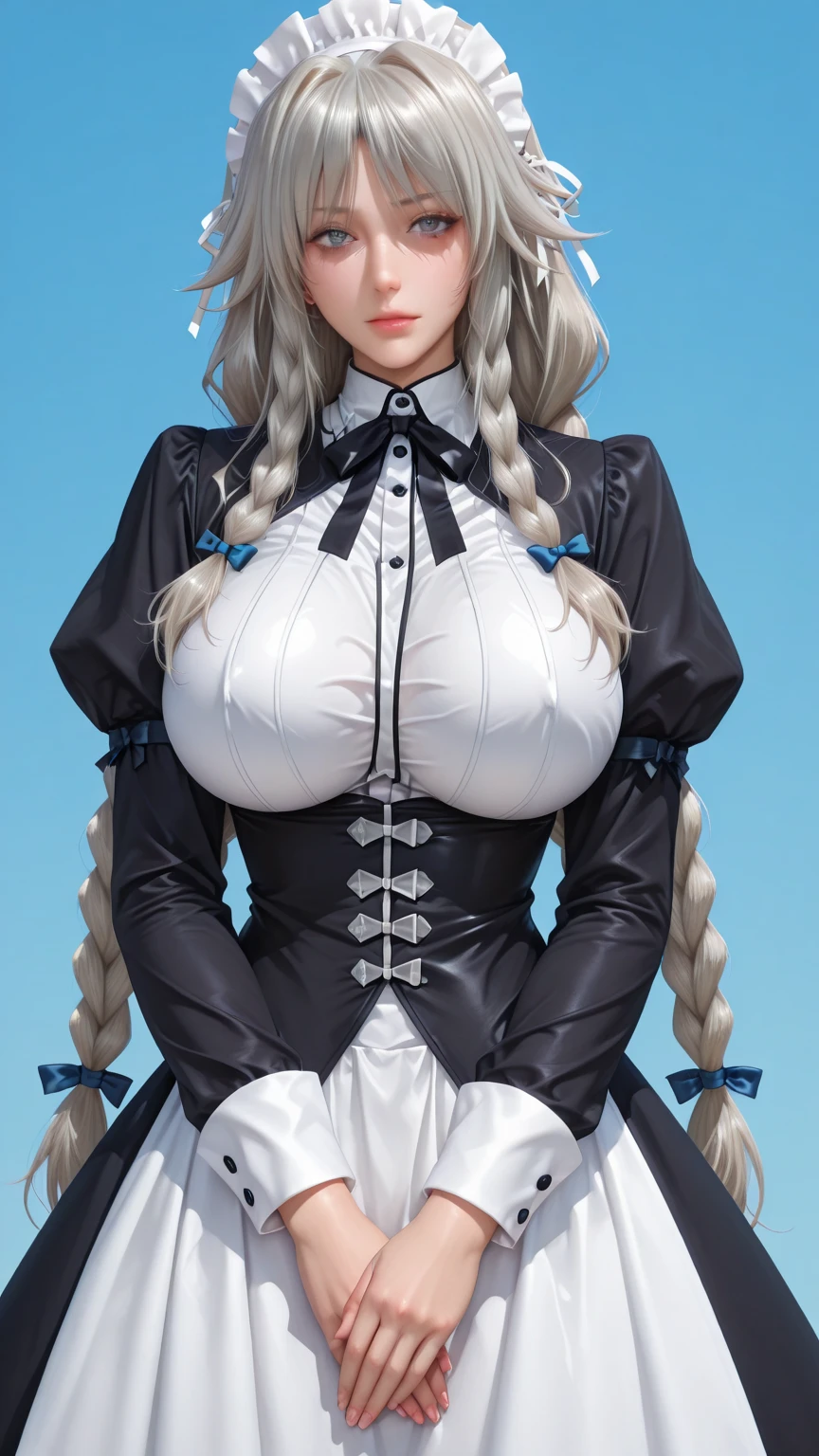 best quality, (masterpiece:1.2), highly detailed, outdoors, day, sky, mature,
1girl, solo, alice, vampire, standing, closed mouth,huge breasts, looking at viewer,
Silver hair, long hair, red eyes, pointy ears,maid dress