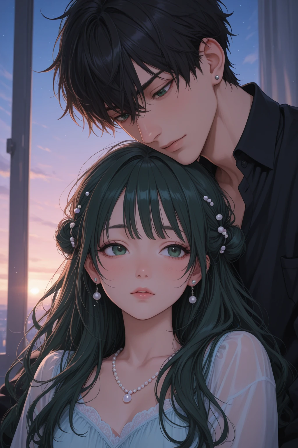Portrait of a young, brunette couple in a warm setting, the INFJ man with rich, green hair and striking green eyes, his vibrant green attire enhancing his dark olive skin. He wraps his arm around the ENFJ woman, her deep brown skin radiant against the deep green of her dress, her glossy brown hair cascading down her back. Their bodies are pressed together, their faces filled with adoration and contentment as they share a tender moment of affection and connection