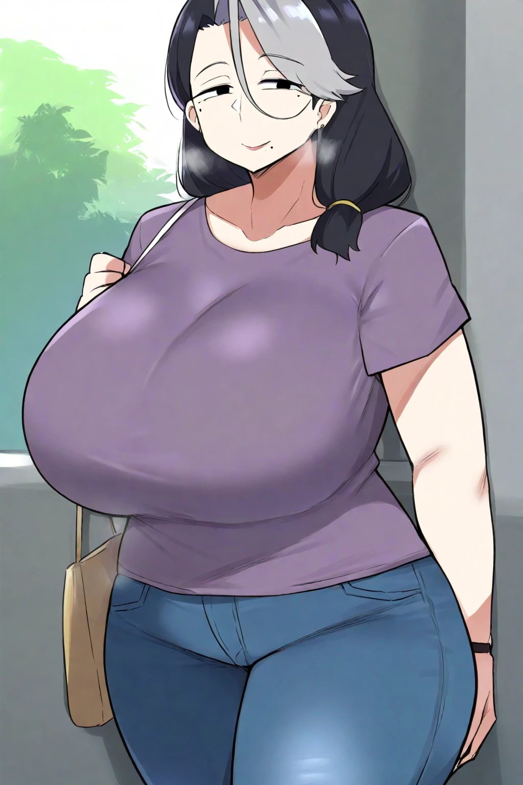1girl,solo,Mature Woman,married woman,Black Hair,long pony hair,Glasses,mother,nervous,disgrace,blush,Super huge breasts,plump,Big thighs,pubic hair,only bikini,Wearing nothing but a bikini,Are standing,Looking at this,Inclusive,Massage salon background
