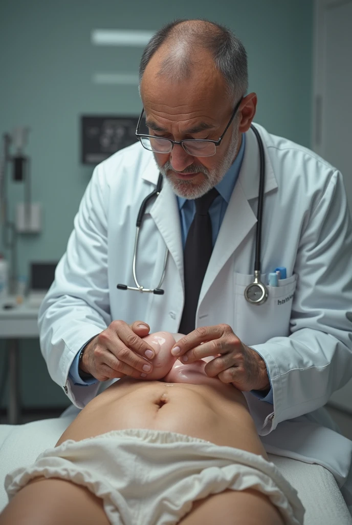 A very muscular man, 40 years old, shirtless and barefoot, he is hold by a doctor. The doctor handgags the muscular man with a white folded hankderchief. The muscular man is sleepy.