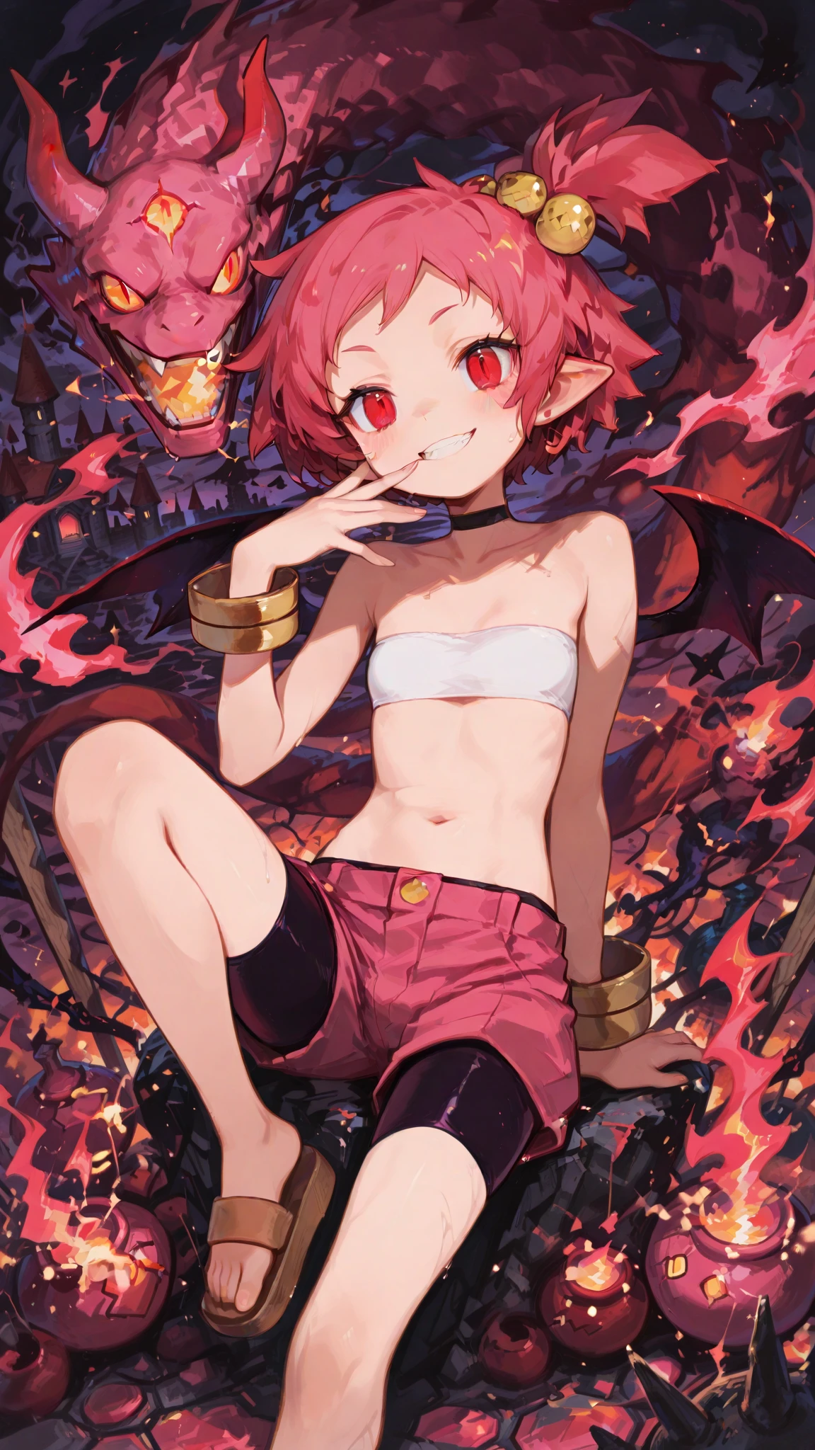 a small male femboy with pink hair dragon horns surrounded and covered by plants in a forest