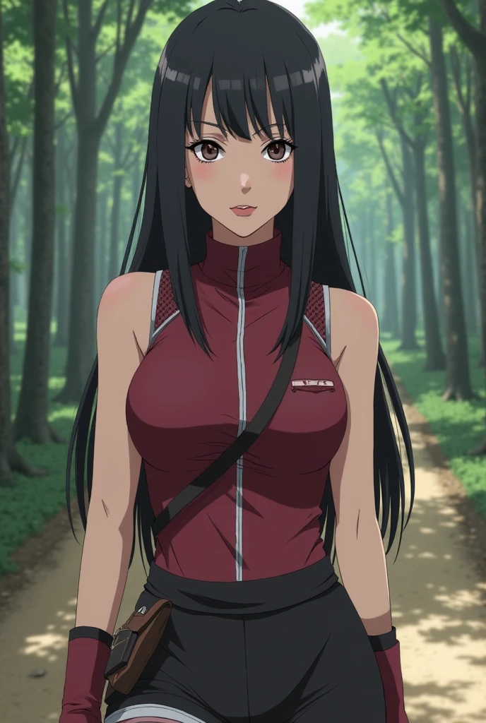 (extremely detailed CG unity 4k wallpaper),(masterpiece),(best quality),(ultra-detailed),(best illustration),(best shadow),(absurdres),(detailed background), Nemuri Kayama, 1girl, blue eyes, sky, mole under eye, solo, cloud, black hair, anime coloring, day, long hair, blue sky, outdoors, mole, tree, looking at viewer, looking back, mask, hair between eyes, closed mouth, huge breast, white  suit 