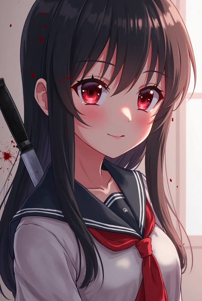 Girl, sailor uniform, brown fluffy hair, light skin, glowing red eyes, holding and licking bloody knife, glaring, blank expression, narrow eyes