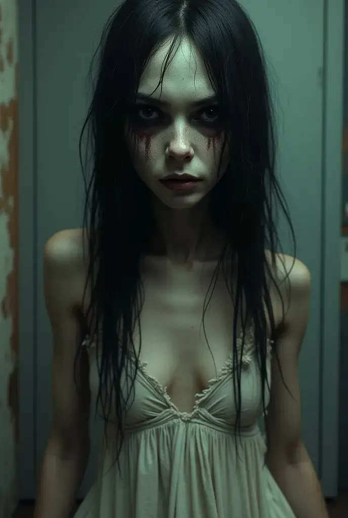 full body portrait a creepy detailed little bogieman girl, naked, long sharp teeth, dark shadowy eyes, sinister smile, dark mysterious background, dark eerie atmosphere, dramatic chiaroscuro lighting, dark fantasy, gothic, horror, (best quality,4k,8k,highres,masterpiece:1.2),ultra-detailed,(realistic,photorealistic,photo-realistic:1.37)