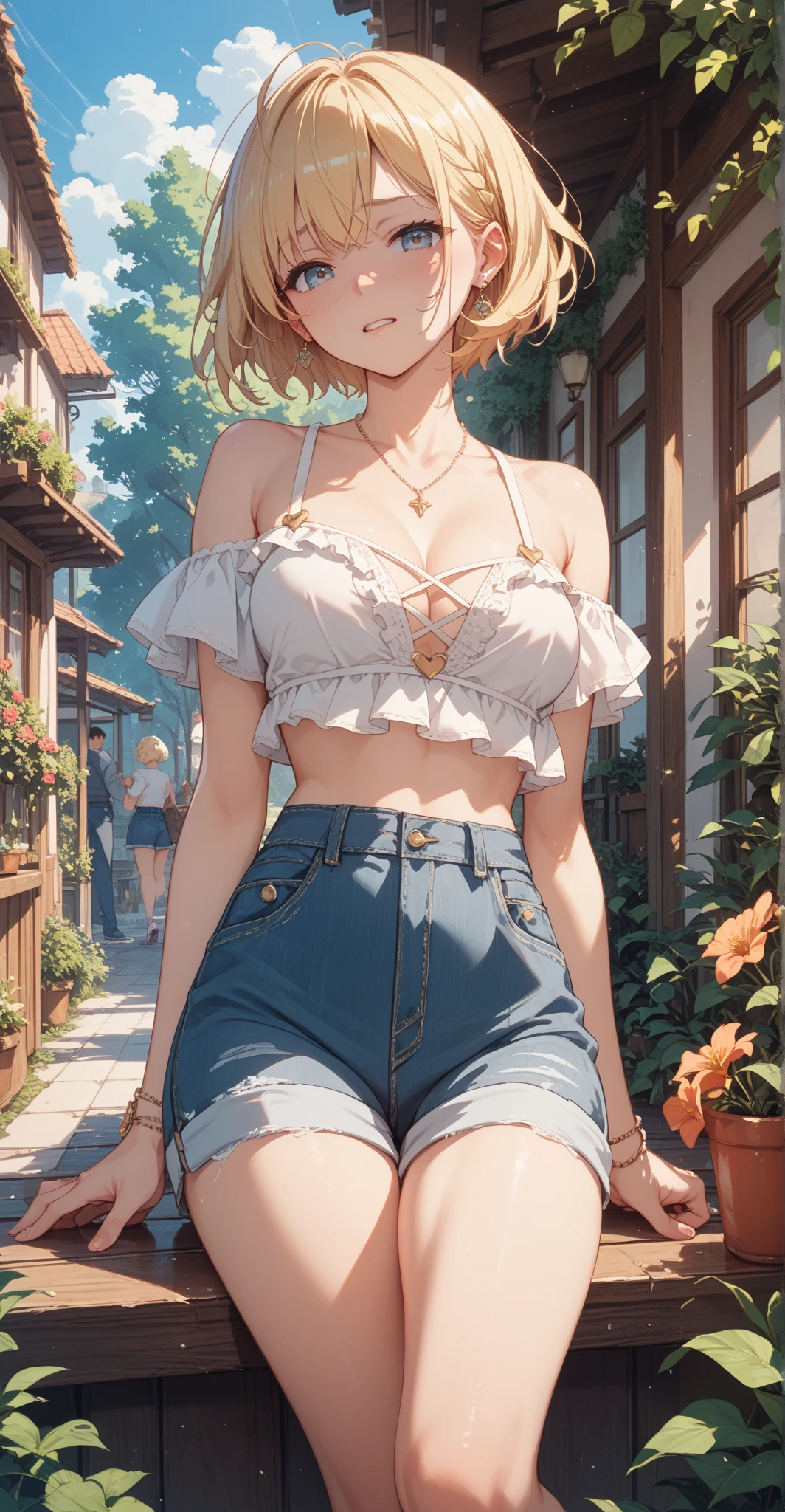 1 girl, pale skin, eyes, mouth, lips, hair, bangs, locks, neck, shoulders, short blouse, perfect belly, short denim shorts, thick legs, thick thighs, tight short pantyhose, background scene, in the park, beautiful day, wind, flying leaf, lighting, people around, green aria, trees