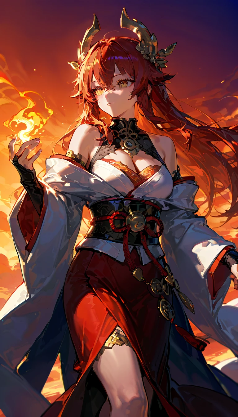 Fire-red hair，Green eyes，huge tit，Smiling maiden