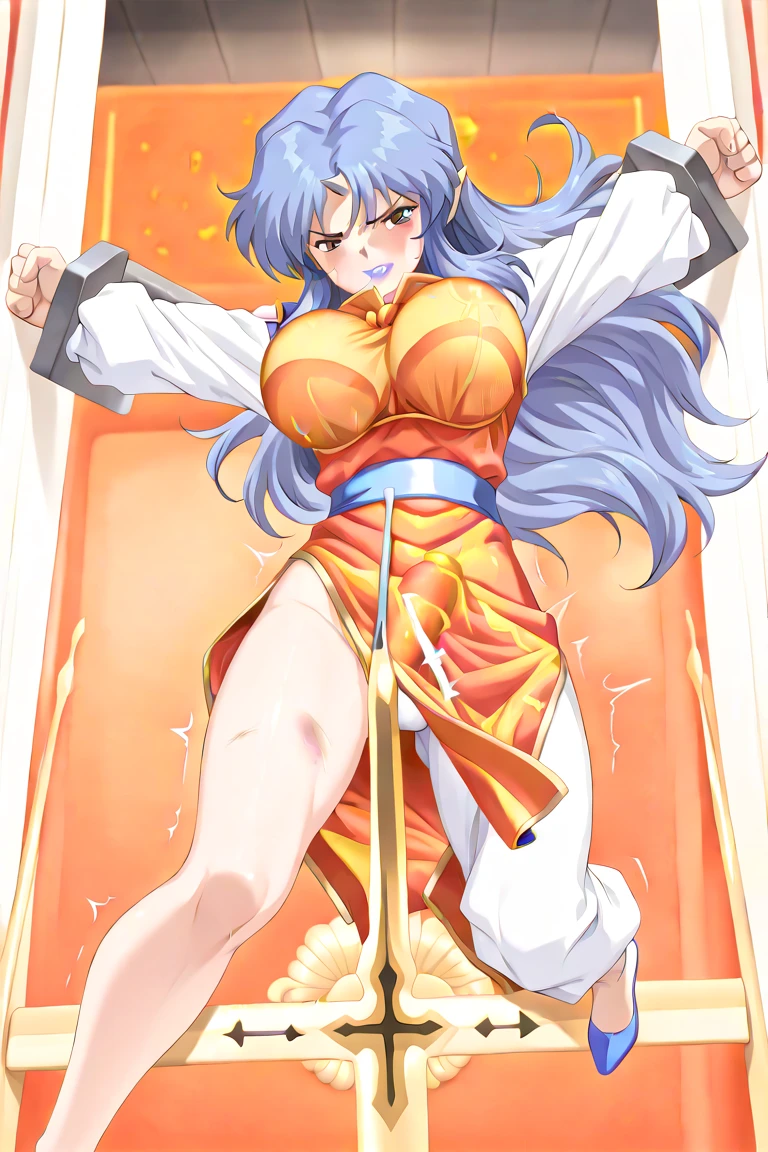 score_9, score_8_up, source_アニメ,Silver Hair,Center-parted bangs,long hair,very big breast,Eyes closed,smile,((1girl)),shiny skin,Heavy breathing,Lewd,Erect nipples,gloves,Wet and see-through,High leg,Expose,front view,Ninja,Armpit Show,Sweaty,open pussy