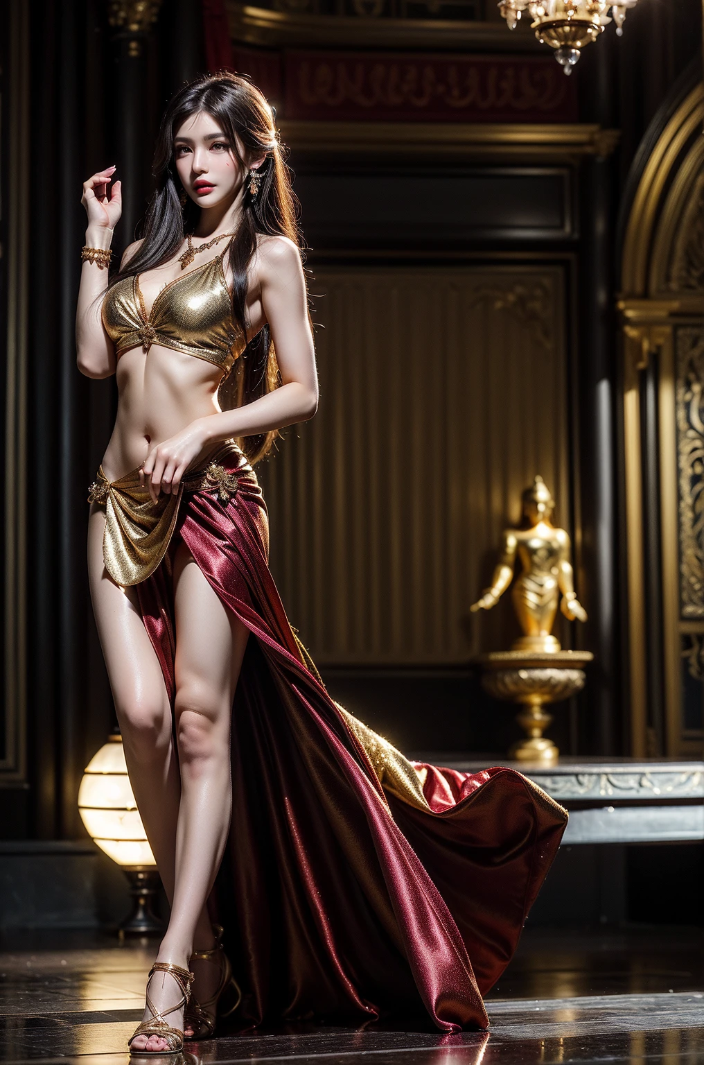 <lora:Meenow_TifaV2:0.9>, masterpiece, best quality, ultra detailed, intricate details, 8k, hiqcg, hiqcgbody, Soft Lighting,
1girl, (red eyes), beautiful detailed face, beautiful detailed, full body, hair, (cleavage), detailed cloth texture, (luxurious), (noble),
(backless dress white and gold), see-through dress, frilled dress, lace-trimmed dress, criss-cross halter dress,
high heels, (crown) , Yellow theme, looking at viewer,
<lora:50_Hipoly3DModel_v10:0.5>