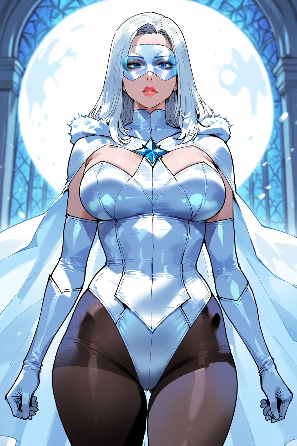 Witdim, black lips, eyeliner, grey eyes, white hair, pointy hair, forehead jewel, pale skin, earrings,
white robes, smile, hips,
standing, navel, see-through shirt, arms behind back,
solo,stars, space, cowboy shot,
(insanely detailed, beautiful detailed face,beautiful detailed eyes, masterpiece, best quality), <lora:whitediamond:0.9>