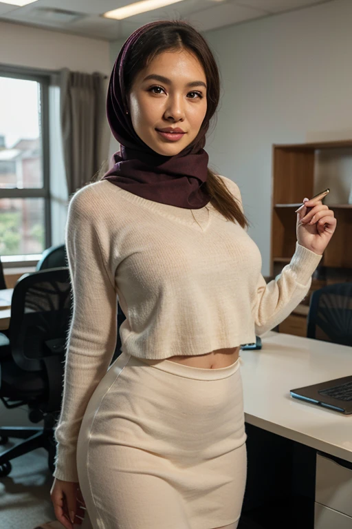 Nude 24 year old teenage malay woman with hijab,wearing office suit,tight pants, smiling closed mouth