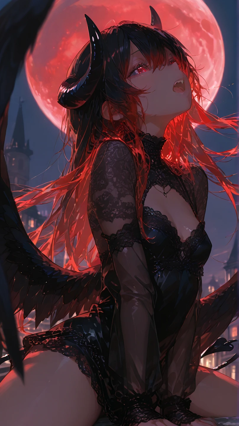In full growth, a beautiful girl demon with big , lush wings, big fire wings, long red hair, big red eyes, soft facial features, black and red fluffy dress with rhinestones, crystal bright shine of rhinestones, against the backdrop of the cosmic sky and large two bright moons, detailed drawing of small details , filigree drawing of small details, fantasy, soft lighting, soft atmosphere, tenderness, view from the back, cat eyes