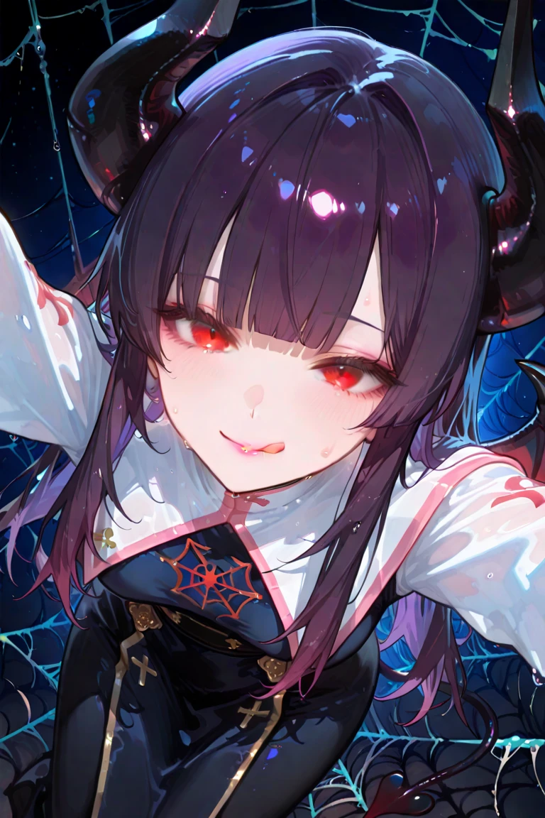 arm0rpunkv4, (masterpiece, best quality:1.1), source Anime, score_9, score_8_up, score_7_up,
Dutch angle, from above,
1 girl, pink lip, detailed face and eyes, sweat, wide oval eyes, red eyes, dark purple hair,
devil girl, devil horns, devil tail, monastic clothes, x arms, Licking lips,
spider web background, dark background,