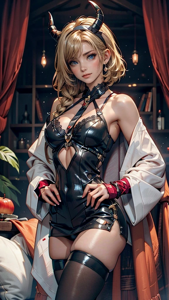 (best quality, realistic), Ashley Graham as a scientist, sexy pose, wearing white laboratory coat, sweat, smile sadistically, evil glowing red eyes, evil version