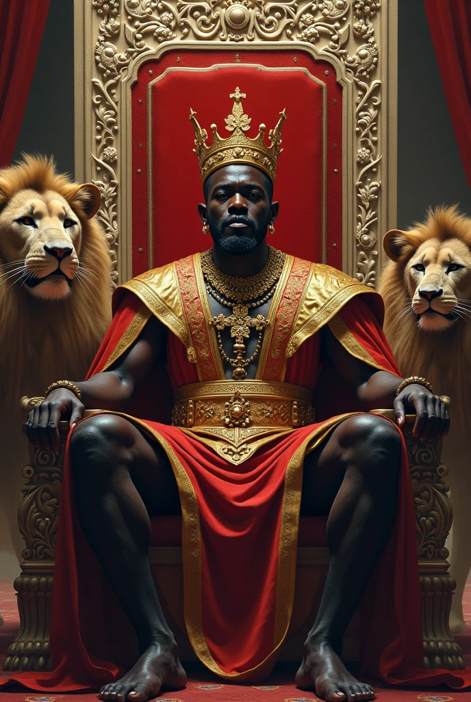 Beau man d'une trentaine d'année buvant un café, quite muscular, comme the king Osei Tutu, surrounded by 3 lion cubs, Tissu africain, the king Osei Tutu, royaume Ashanti, sitting on a throne