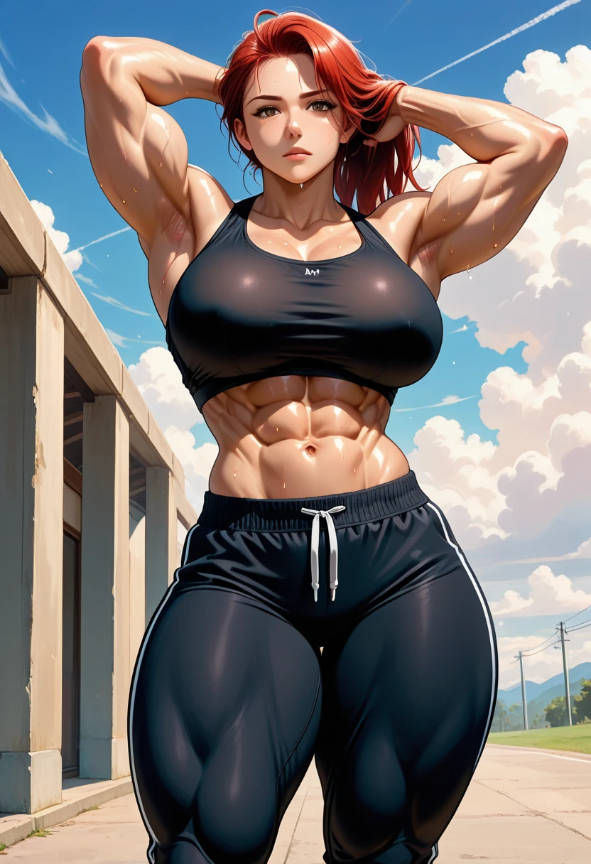 gwen tennyson,tracer,nami,rebecca chambers,jill valentine,police uniform, ((NSFW)), (((accurate anatomy))), (((Huge breasts))), ((long legs)), ((wide hips)), ((((Muscular Quadriceps)))), (((((Massive Female Bodybuilder))))), (((((Huge Muscles))))), teenager, green eyes,garter belt,lingerie underwear,short hair,orange hair,river,shy smile,ginger,striped see-through top, denim micro skirt,freckles,beautiful girl,wet clothes,stockings,large breasts, ultra detailed,realistic,