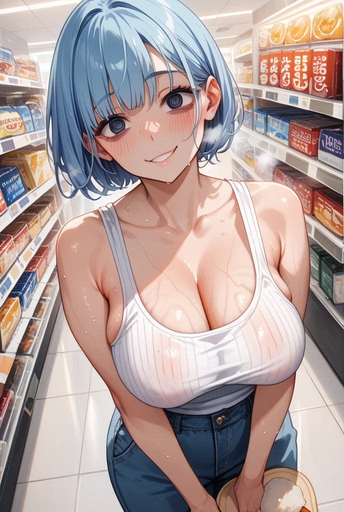 mastute piece,Best Quality,insanely detailed,8k cg,nsfw,
(shoot upper body:1.3),
(1girls:1.3),standing,looking at viewr,body in front,(((both arms behind back:1.4))),(Hide your arms behind your back:1.4)、(((light blue convenience store employee uniform:1.4))),(bare breasts:1.4),BREAK,
blush,shy,(ecstasy face:1.3),(trembling:1.2),BREAK,(light silver hair:1.4),
BREAK,
perfect breasts,perfect teats,(open mouth:0.9),(large breasts:1.2),
(in convenience store:1.1,in checkout counter:1.1),