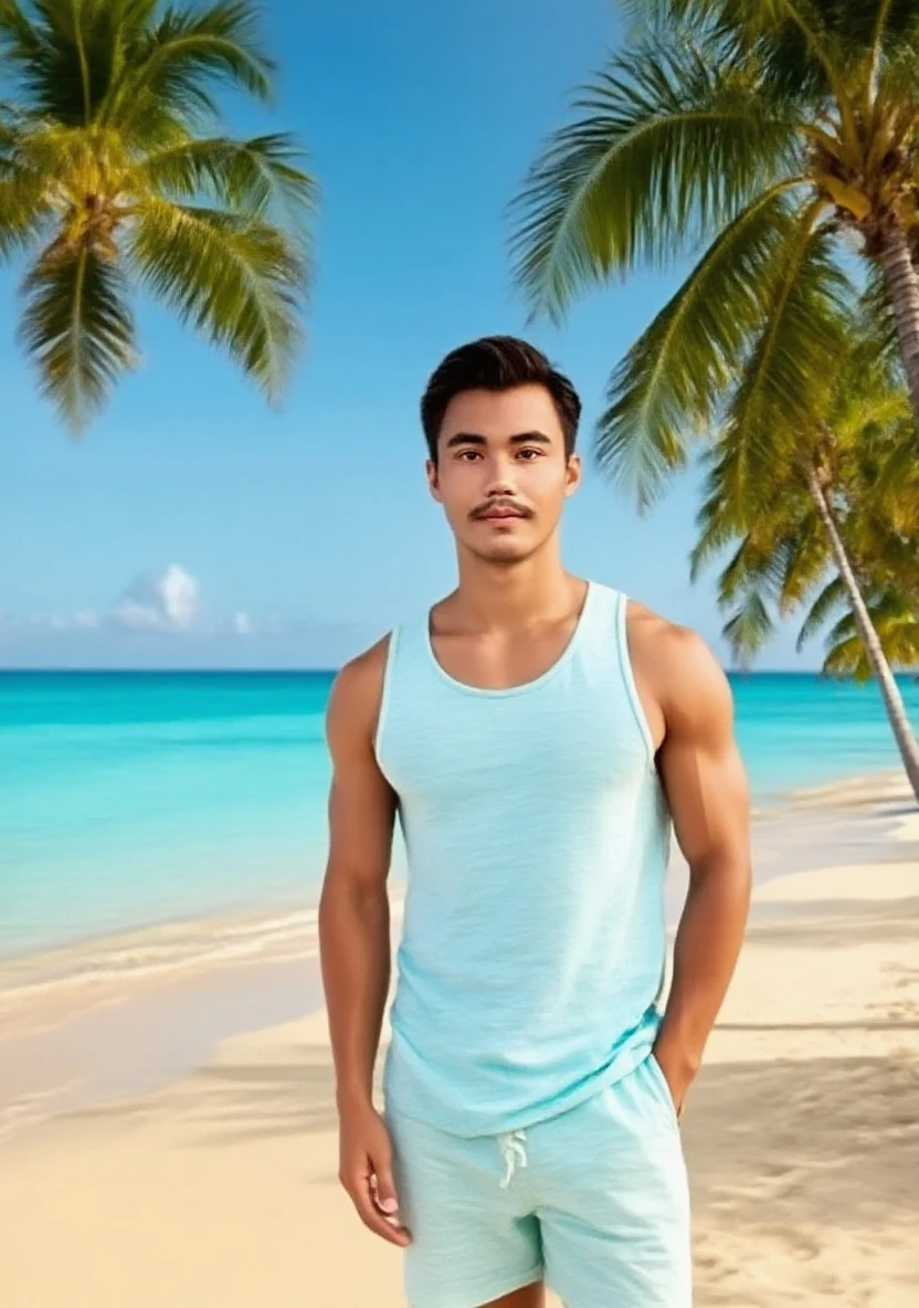 create realistic image A 18 year old boy is standing in a sea beach with attituse and behind him the color of the water is blue and in the sky "Arup" is written in curve style