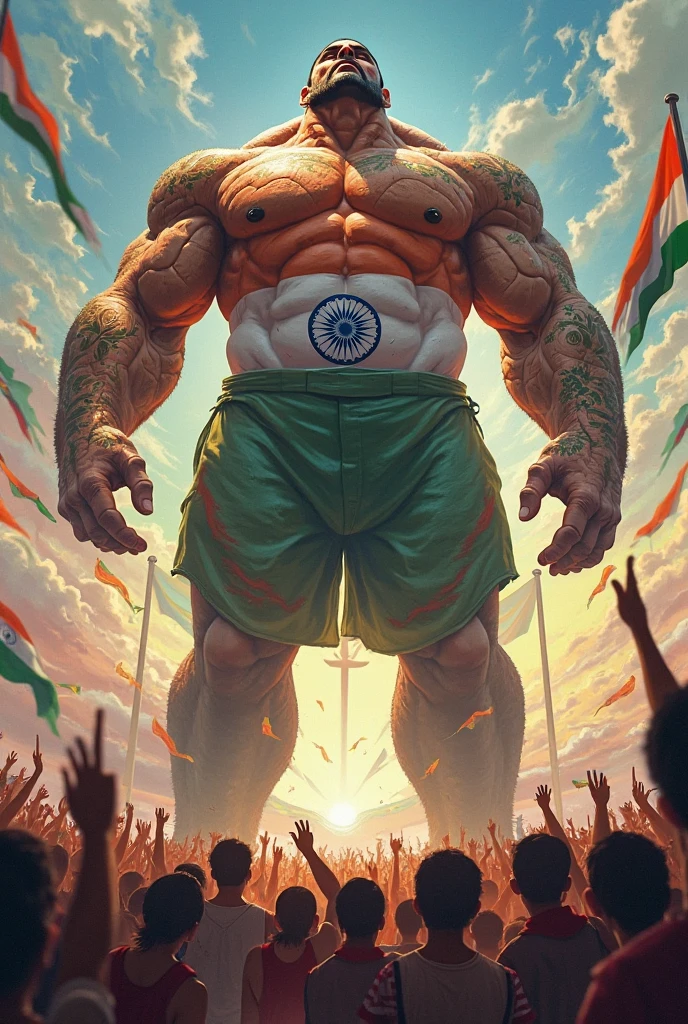 One bodybuilder with Indian flag in front of cute girls