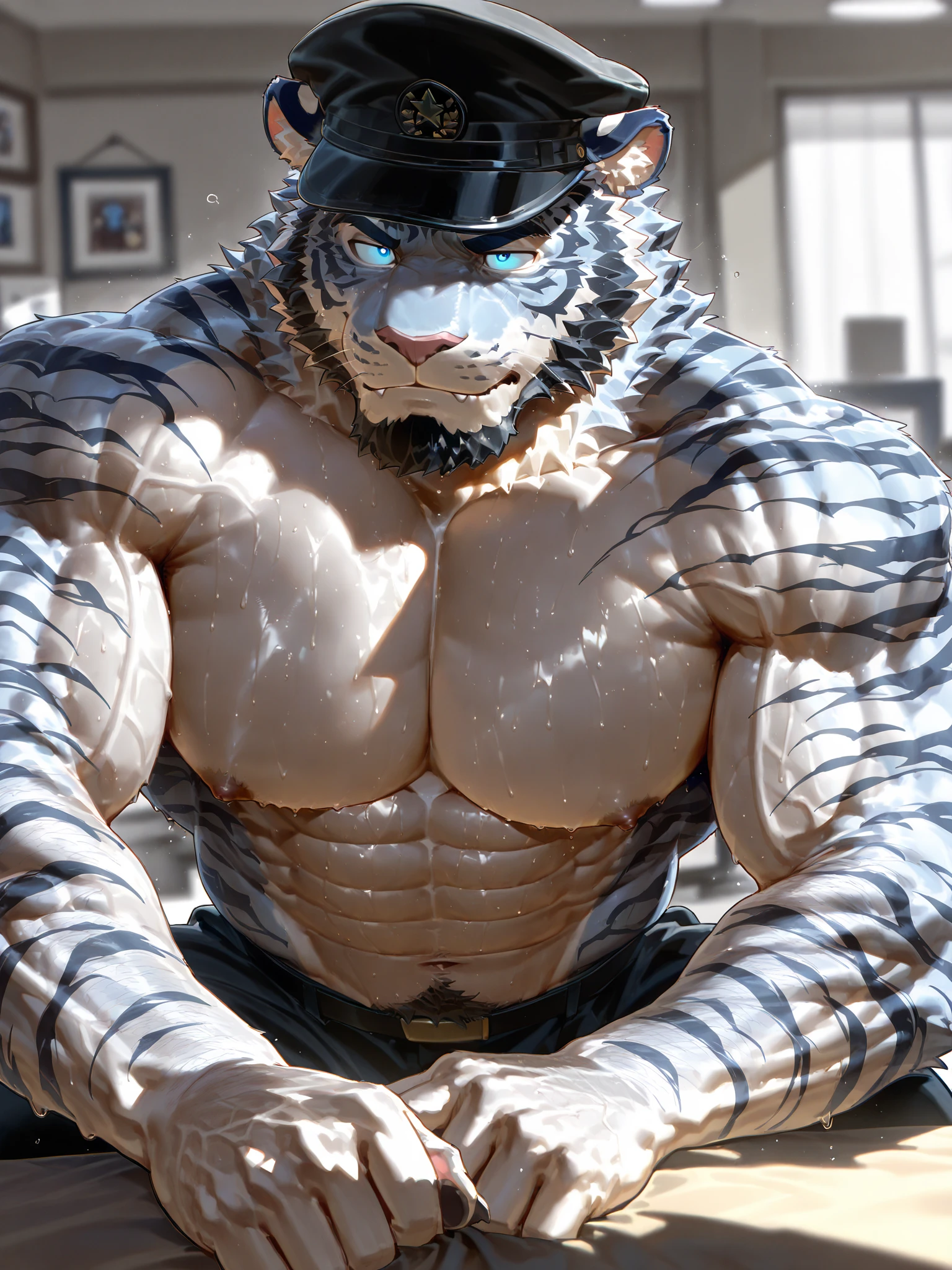 4k, high resolution, best quality, perfect colors, perfect shadows, perfect lighting, posted on e621, furry body, solo, anthro snow leopard, male, masculine, (muscular, athletic, abs:1.2), bare torso, correct ???????, (photorealistic fur, detailed fur, epic, masterpiece:1.2), (detailed urban background, on balcony, leaning back, nighttime, moon), sexy shadows, (by Taran Fiddler, by Chunie, by Rukis, Bonifasko lighting), (plain blue boxer briefs:1.34), (detailed feline eyes:1.2), posing for the camera, cheerful