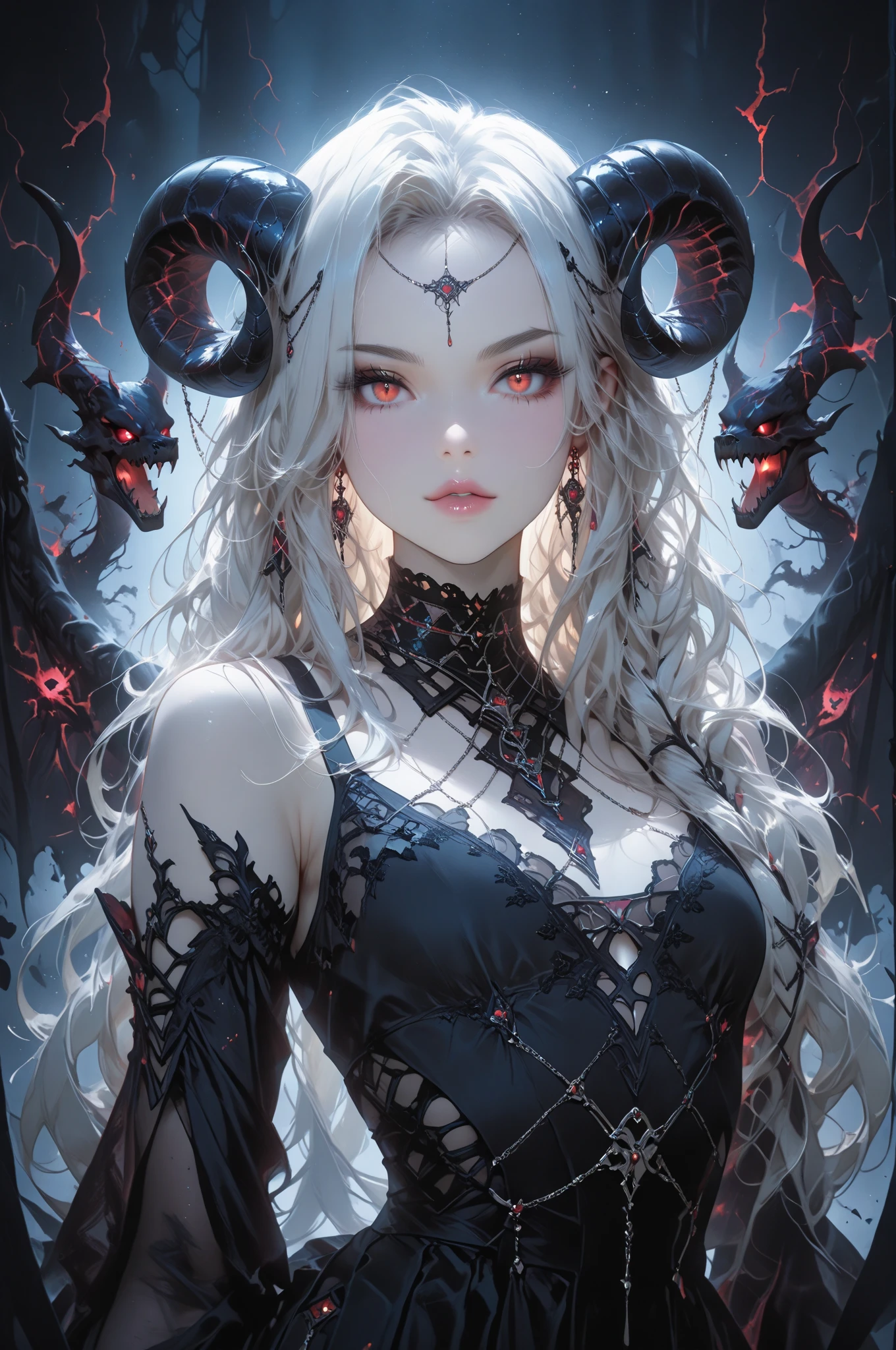 Vector digital art, centralized image in an amazing illustration of a charming sensual perfect girl in black and white only, with the only piece in color being a red accessorie but just one and nothing else, in the center of this piece of art is the majestic hyperdetailed dragon,  professional style, wall art