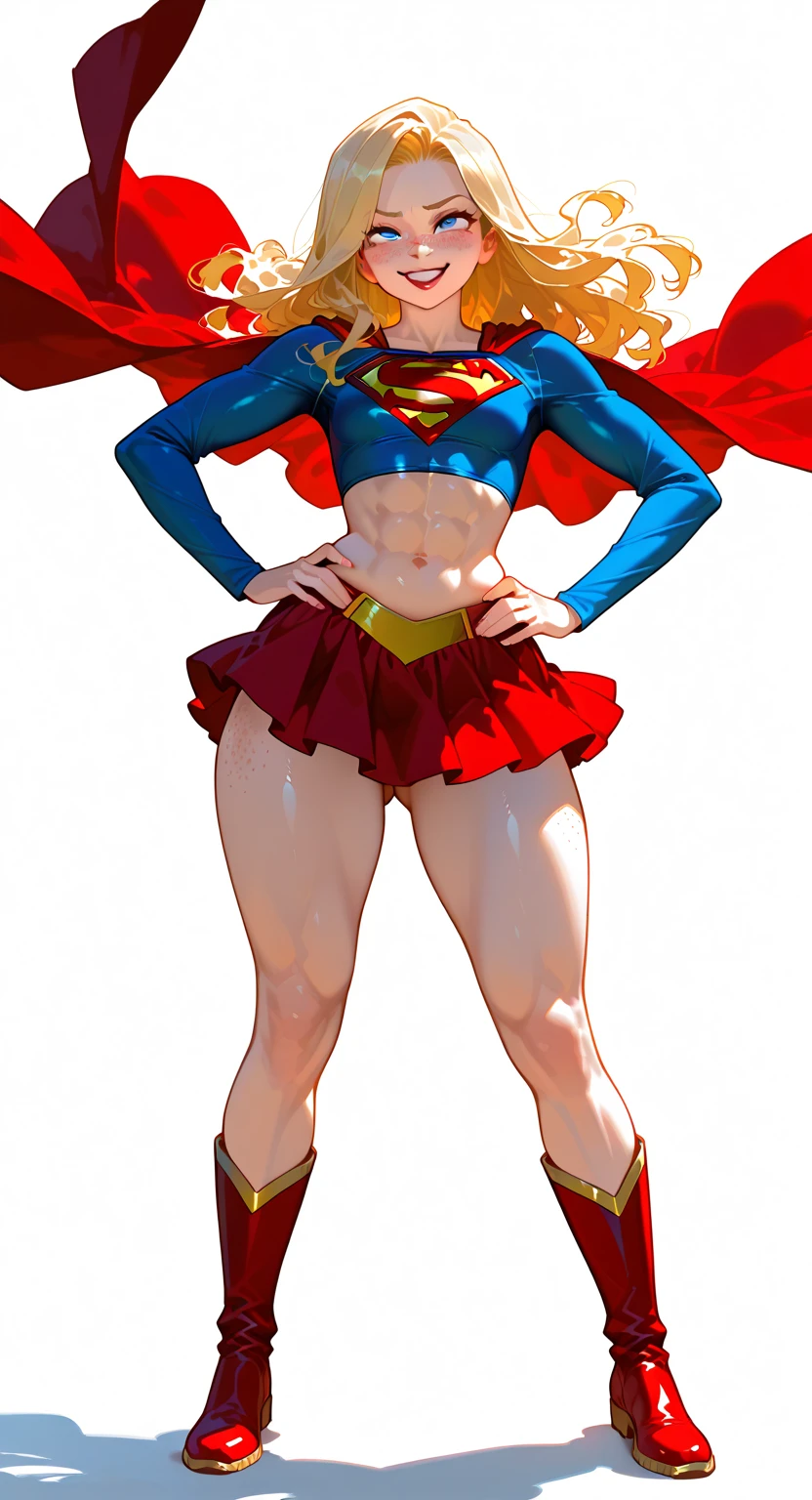 (Muscular:2), (thick thighs:2),
(supergirl:1.4), (blonde hair:1.5), blue eyes, (big smile:1.6), beauty mark, (small breasts:1.5),
eyeshadow, lipstick, (white tshirt, midriff, small cape, red miniskirt:1.5),
looking at viewer, three quarter view, upper body view,
rim lighting, detailed skin, detailed eyes