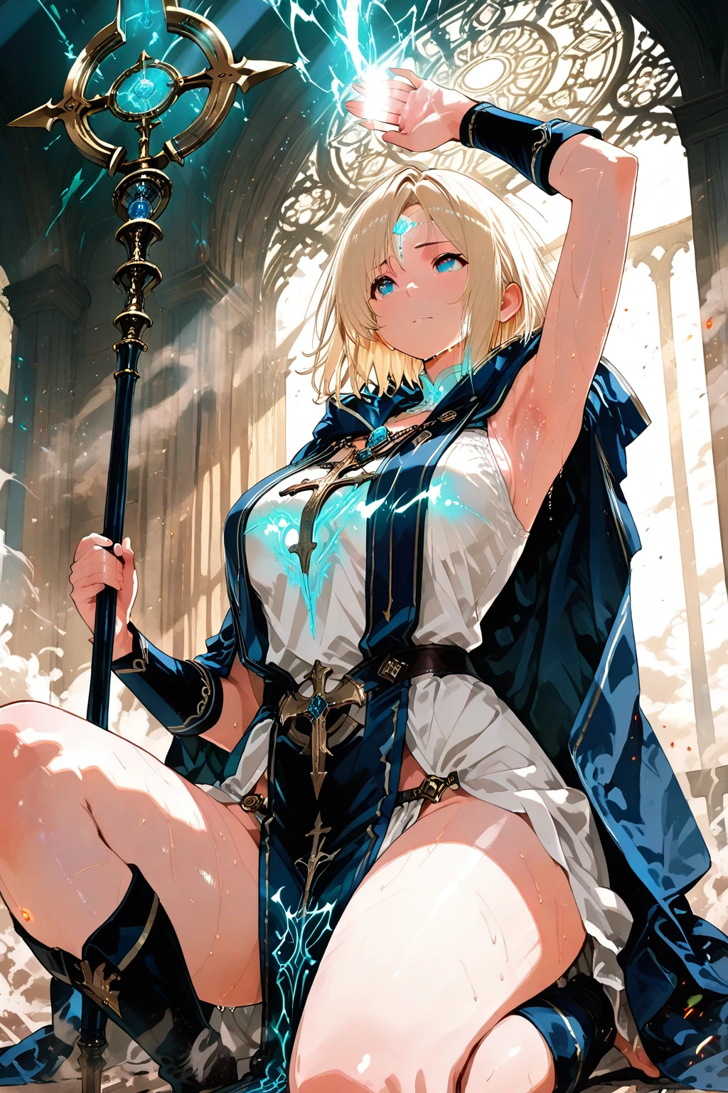 （Marco）,Perfect ,don quixote \(limbus company\, Naked、Blonde hair, a beauty girl、eye glasses、middlebreasts、Short hair, hair between eye, Orange Eyes、String bra、the chest is perfectly visible、pierced nipple、Chain scientist hat from the nipple、Basketball Hand、armor、`She has a book and a sword、(Bachelor's degree in Medieval Europe )､Cowboy style、hiqcgbody