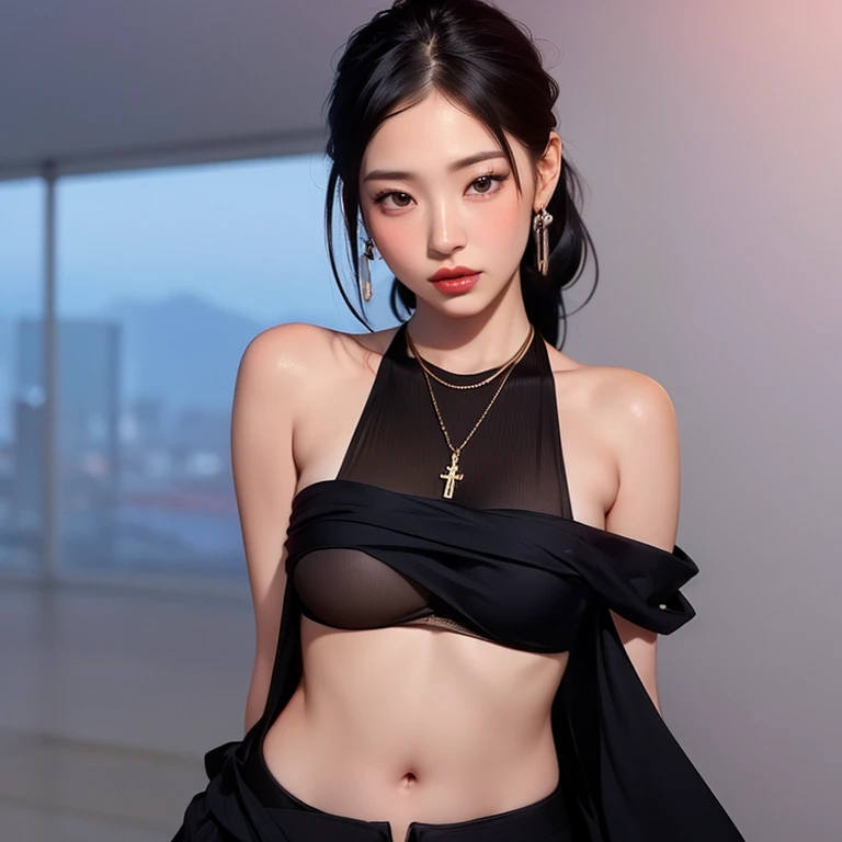 girl, eldorado, long hair, breasts, bangs, black hair, off shoulders, jewelry, earrings, dark skin, blunt bangs, bracelet, dark skinned woman, lips, crop top, hand on hip, strapless, makeup, pelvic curtain, tank top, loincloth, from behind, butt, looking back, realism, hyperrealism, atmospheric haze, film grain, cinematic still, shallow depth of field, high detail, high budget, moody, epic, overall detail, gorgeous, photorealistic, hidden camera, cinematic color correction, eye catches, atmospheric lighting, pores, imperfections, natural, shallow focus