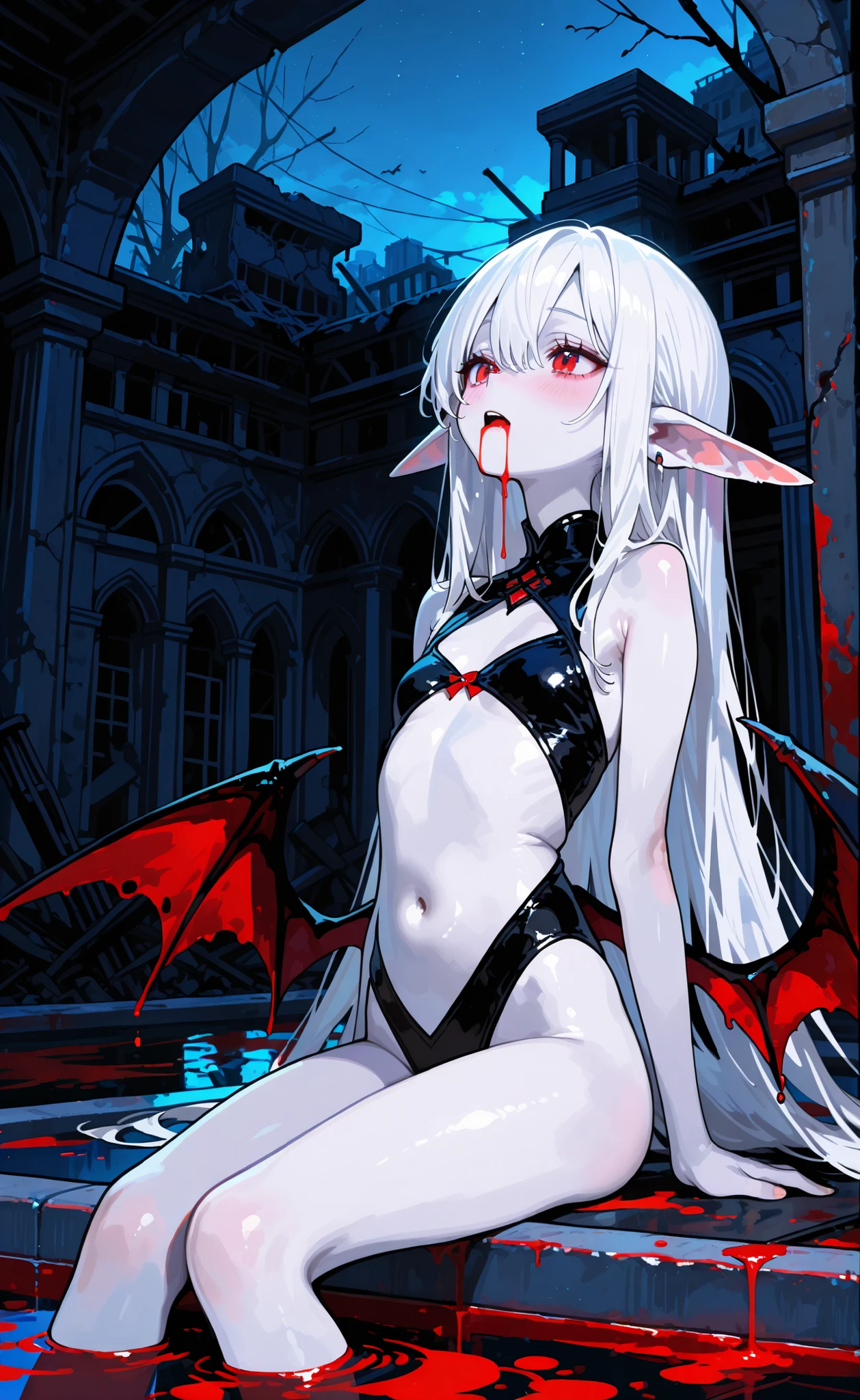 dark and scary hell, ((tentacles insertion)), bizarre atmosphere, horror, Red Moon, Skull, beautiful naked devil, evil queen, deep blush, fascinating, scary and dirty eyes, (pale white skin:1.3), glowing skin, slim body, tall, long legs, Long thighs, perfect body, huge breasts, (pregnancy:1.0), perfect nudity, stockings, chain choker, chains, sharp nails, (nice pubic hair:1.3), dirty nipples, spread your legs, A tentacle enters my pussy.