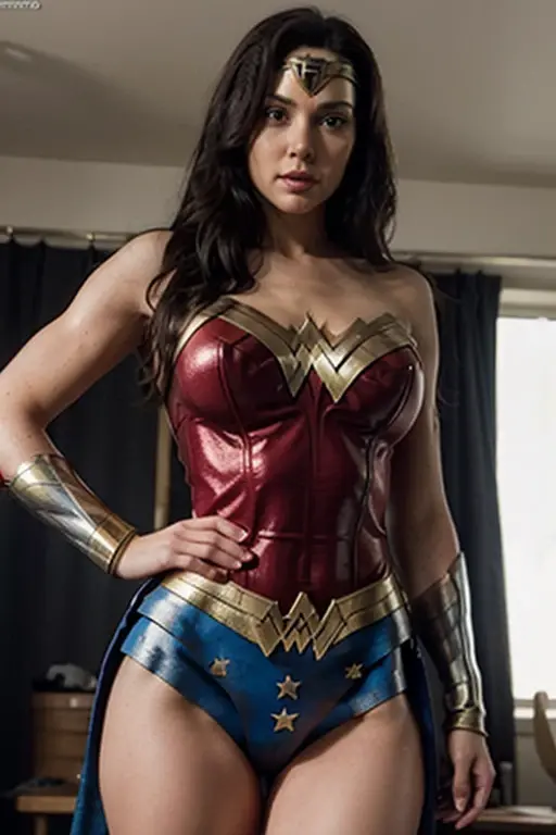 High energy rock concert stage performance with a windy atmosphere, ((arms up, restrained)), Wonder woman, tiara, wonder woman costume from DC, armored skirt, angry face, closed eyes, solo focus, Detailed, dynamic lighting, on a (stage) with multicolor spot lights BREAK american shot, view from below,