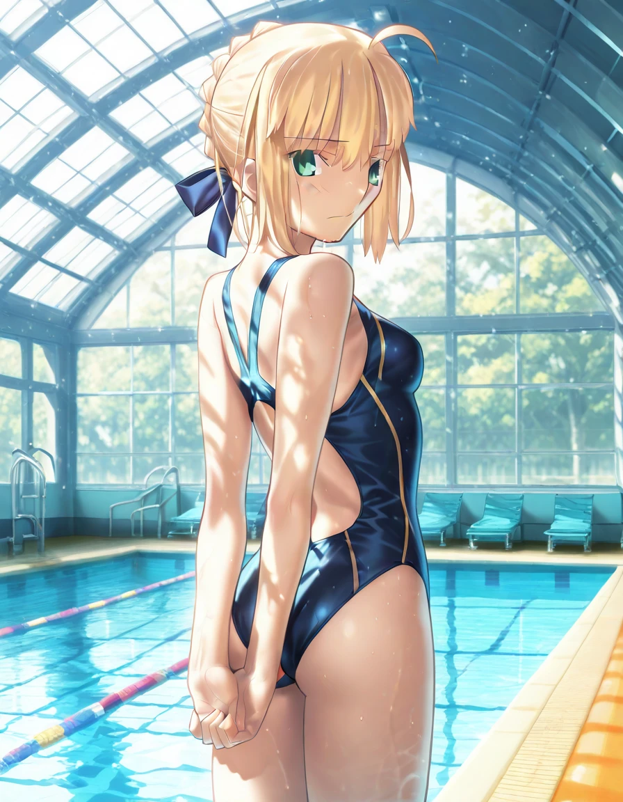 NSFW　(Highest quality:1.5, High resolution, 超High resolution, 4K, Detailed lighting, Shaders)(Beautiful details:1.6)(Artoria Pendragon), alone　　（Swimsuit）＋＋　　short hair,ponytail　 Parody, Blue choker,　Beautiful Abs　 Beautiful arm muscles　((Are standing))　　Realistic swimming pool　Angle from below　　Cool look　Beautiful ass