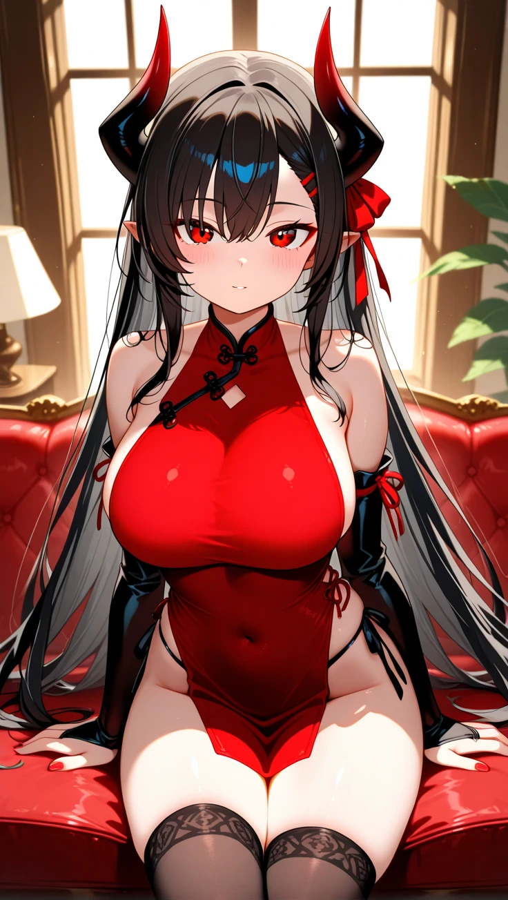 High quality, masterpiece, ultra-detailed, black thighband pantyhouse, orange lingerie, orange panties, 1girl, solo, peaceful expression, long black hair, enchanting pink eyes, fox ears, ridiculously large breasts, grabbing own breast, shiny skin, bedroom, christmas
