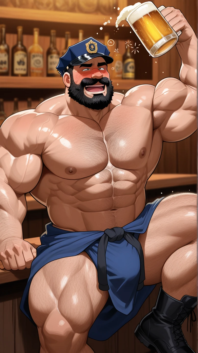 burly virile hairy man, a himbo muscle daddy, middle-aged dilf, hirsute, overmuscular and musclebound, bulging veiny muscles, bushy beard and thick mustache, grey hair, a bodybuilder's physique, a warrior's build, chest and belly covered with a lush and thick carpet of hair, hairy chest, hairy abs, hairy arms and legs, wet and covered in bubbles and white foam as he washes himself in the public bath, scrubbing his body