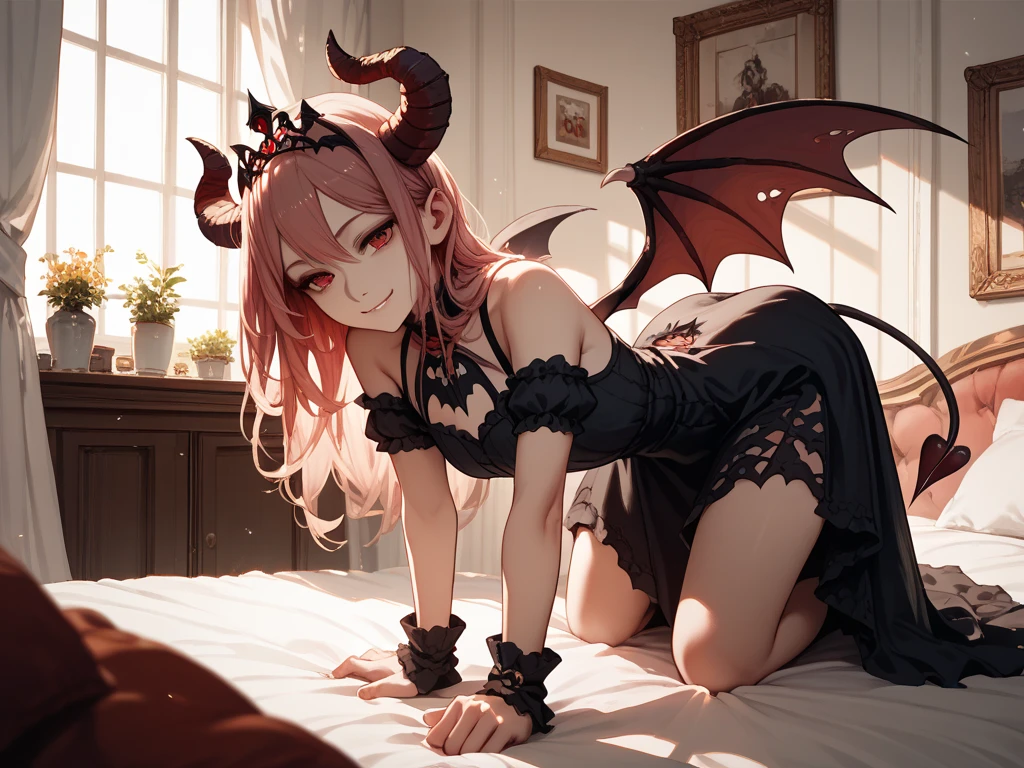 1girl in, Solo, cute girl, Pink hair、Succubus horns、Succubus Wings、Succubus tail、Naked