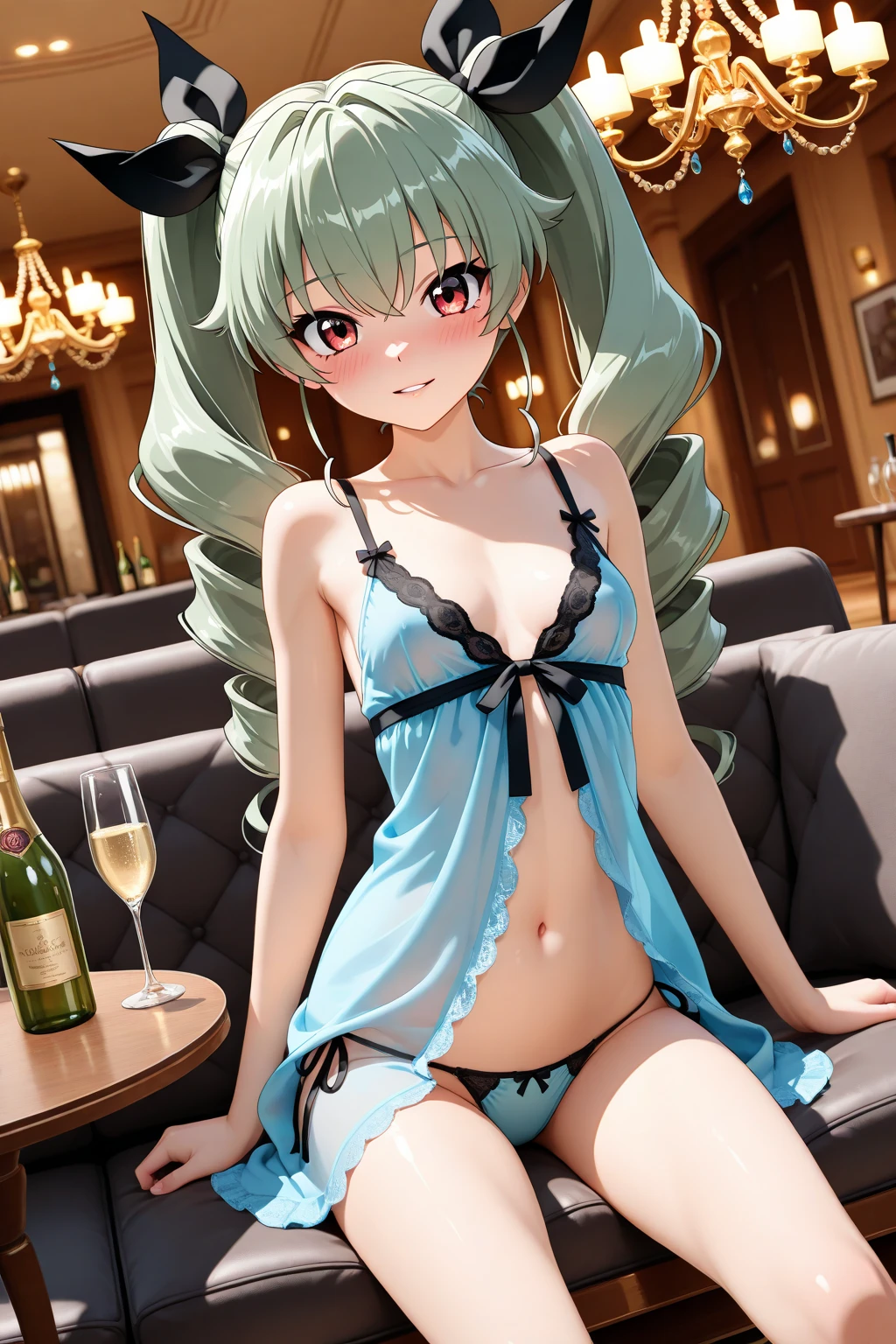 masterpiece,Ultra-high resolution、Highest quality、Sexy pose、Healthy girls、Under the chandelier、Thin black lace long camisole:1.5、Wet white see-through dress、Pink panties are visible、Pointed nipples、Delicate green hair:1.2、straight long hair:1.2, eyeliner、Pink glowing eyes, Shyness、Glossy lips、Big earrings、Tilt your head、Put your hand over your mouth、Small breasts、the body is slim、Tight waist、Thin thighs