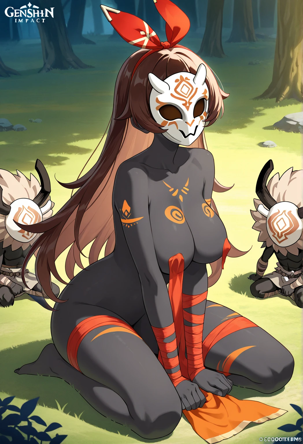 Hilichurl, Hilicostume, Hilichurl mask, white horned mask, mane, mask on face, long pointy ears, black skin, topless, bandaged arm, navel, brown skirt, skull ornament, bandaged legs, colored skin, white hair, izayoi_sakuya_touhou, topless, voluptuous, large breasts, nipples, mane