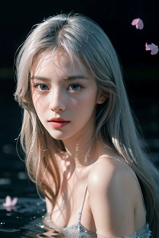 Seven part photos,Masterpiece, Best quality,offcial art, extremely detailed CG 8k wallpaper,(flying petal)(detailed ice) , crystalstexture skin, Cold expression, ((Fox ears)),White hair, long whitr hair, Messy hair, eBlue eyes,middlebreast,view the viewer,Extremely Delicately Beautiful, water, ((beautydetailed eye)), highly detailed, cinmatic lighting,((Beautiful face),fine water surface, (originalfigure painting), Ultra-detailed, incredibily detailed, (Extremely Delicately Beautiful),Beautiful detailed eyes,(Best quality)