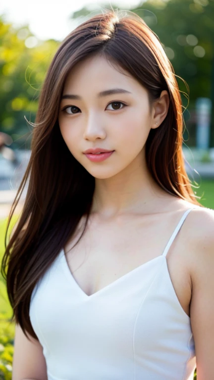 beautiful tween、(white silk bra、white  panties)、park with cherry blossom trees、(Slim, 34C breasts)、Photorealsitic、detaileds, Skin texture, Ultra-detail、Delicate and sexy collarbone、a smile、Super detailed face、detailed lips、A detailed eye、double eyelid、13years old girl、straight black hair、hazel eyes, She holds her breasts between her arms and shows her cleavage to the camera.、Leaning forward with hands on your knees