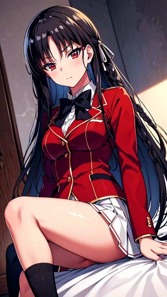 (masterpiece, best quality:1.5), (ultra detailed:1.4), super fine illustration, perfect anatomy, 8k portrait,
1girl,
Suzune Horikita,
Suzune Horikita \(youjitsu\),
long hair, braid,
black hair,
red eyes, slant eyes, small eyes,
blue bow,
(medium breasts:0.9),
red jacket, white skirt, pleated skirt, black thigh-high socks,
BREAK looking at viewer,
cowboy shot, perfect light, background of indoor, lie on the bed, spread legs, nsfw, show panties, arms up,