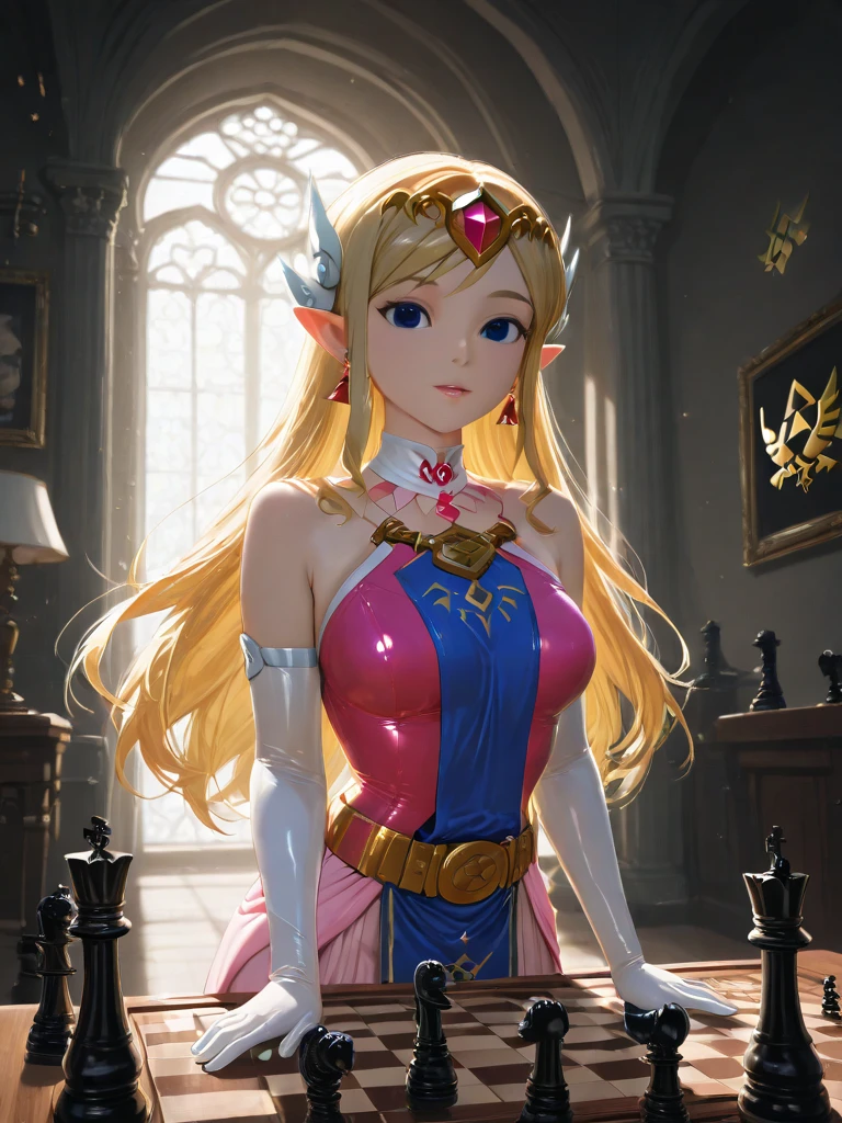 (quality, 4k, 8k, high resolution, masterpiece: 1.2), ultra-detailed, blurry, depth of field, blurred foreground, blurred background, pink, pink rose, dress, jewelry, earrings, elf ears, elf blonde hair, stained glass, princess dress, blue eyes, elbow gloves, pink dress, breasts, looking at viewer, hair over one eye, long hair, pink flower, elf ears, throne room, gloves, motion blur, solo focus , peach princess, crown, strapless, blush, white dress, photo \(medium\), 1 elf girl, gem