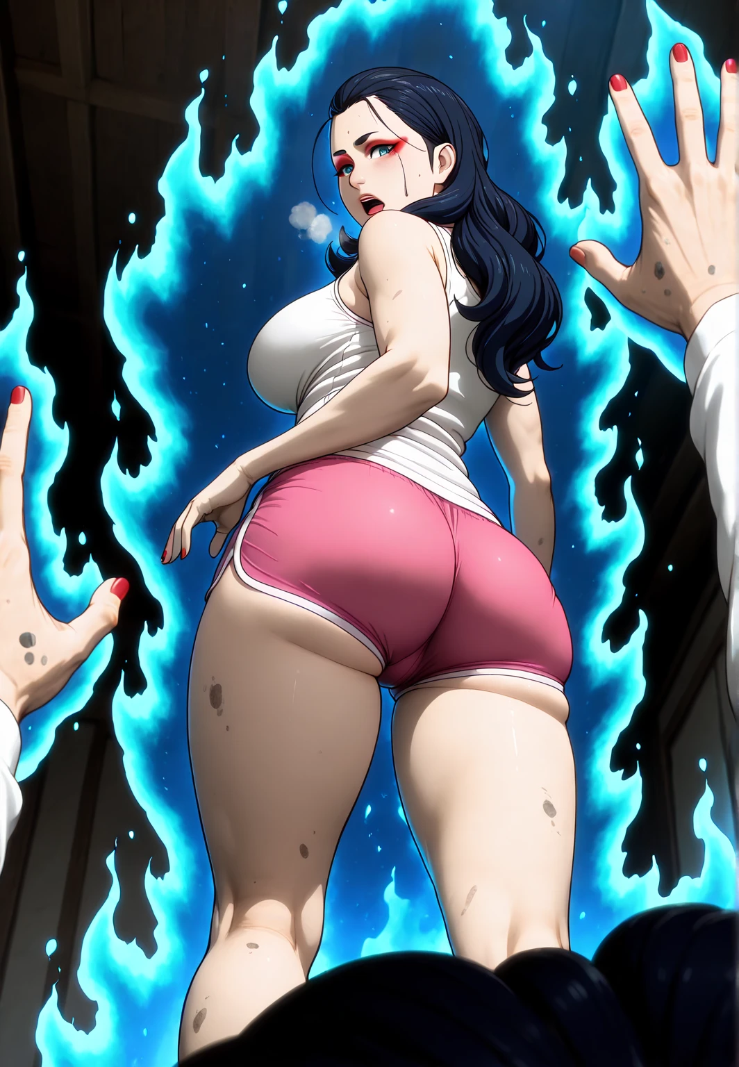 (jam-orbital-style:1.2), (zonda_(solid_air)-style:1.2), (luxu-style:1.4), ((anatomical correct)), ((Cinematic, unreal engine, eye-catching, ambient occlusion, UHD, masterpiece)), ((perfect lighting, soft shadow)), perfect body, perfect eyes, perfect fingers, gasping, heavy breathing, gasping profusely, ((skindentation)), ((curvy)), miyoinbami, 1girl, pale skin, long hair, hair slicked back, ((dark-blue hair)), blue eyes, red eyeshadow, medium breasts, red nails,, (voluptuous:1.5), (mature female:1.5), 1girl, ass, telekinesis, looking_back, from_behind, curly_hair, solo_focus, looking_at_viewer, thighs, from_below, floating, open_mouth, dirty, tank top, white shirt, pink shorts, dolphin shorts, short shorts, sleeveless, pov, (aura:1.4)