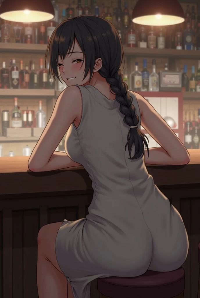 <lora:betterCuteAsian03:0.3> is posing for a photo in a sexy pose, (oversized_shirt:1.3), yellow oversized_shirt,back view,
good hand,4k, high-res, masterpiece, best quality, head:1.3,((Hasselblad photography)), sharp focus, (cinematic lighting), night, soft lighting, dynamic angle, [:(detailed face:1.2):0.2],(((standing in a bar))), outside,   <lora:oversized_shirt10:0.5>