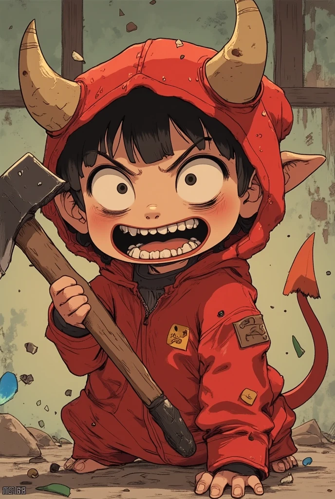 masterpiece、best image quality、highest resolution、Juaner_cartoon、Little little devil character、so cute、泣く、A dumb look、Big devil's tail、small horn、devil costume、Teeth lined up in a human mouth are broken with an axe、vivid colors、details、Accurate Hands、Accurate Fingers、the best illustration in the world