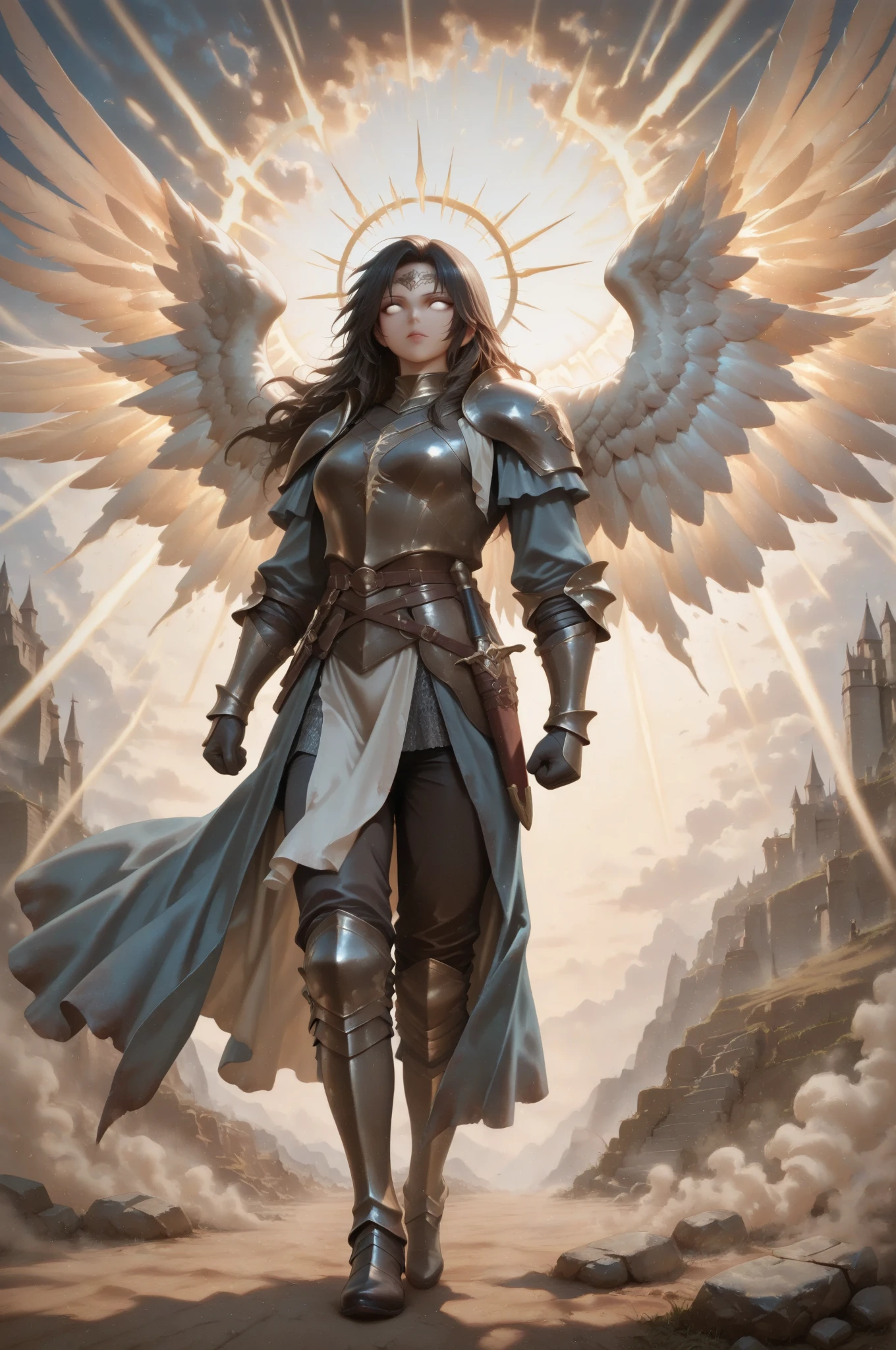 aasimar_protector, white eyes, wings, halo, View from afar, takes off over a medieval city at dawn 
Fantasy style. Light illuminates the dust in the air with rays. Glare of light.
Bright warm colors predominate.  unrealistic image  . amazing quality,  8 thousand.,    Ultra HD, impressive lighting. fantasy genre, Dramatic lighting. Highly detailed digital art style. The composition is very rich in details. rays of light highlight the dust in the air. high detail. high sharpness.   Dramatic bright lighting  . Deep soft shadows.