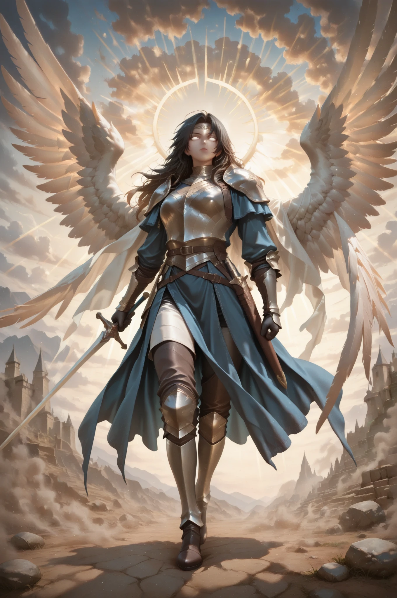 aasimar_protector, white eyes, wings, halo, View from afar, takes off over a medieval city at dawn 
Fantasy style. Light illuminates the dust in the air with rays. Glare of light.
Bright warm colors predominate.  unrealistic image  . amazing quality,  8 thousand.,    Ultra HD, impressive lighting. fantasy genre, Dramatic lighting. Highly detailed digital art style. The composition is very rich in details. rays of light highlight the dust in the air. high detail. high sharpness.   Dramatic bright lighting  . Deep soft shadows.