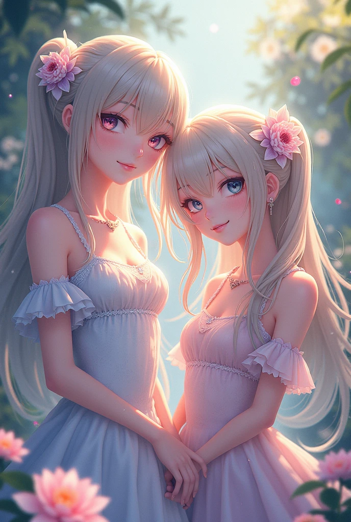 (masterpiece, best quality:1.4), (8K), Young blonde beauty, (((2 girls in love, 18 years old, neat girl))), detailed blue eyes, long eyelashes, blush, kind smile, horny, upper body, topless, small ass, slender thin legs, vagina, (looking at viewer), beautiful blonde short hair, white-skinned, straight bangs, pigtails, squeezing, hugging each other lying on the ground, mastubating, orgasm, (small breasts), (mushroom forest, celestial forest, beautiful and magnificent pink sunshine, majestic sky), natural light, pastel colors)