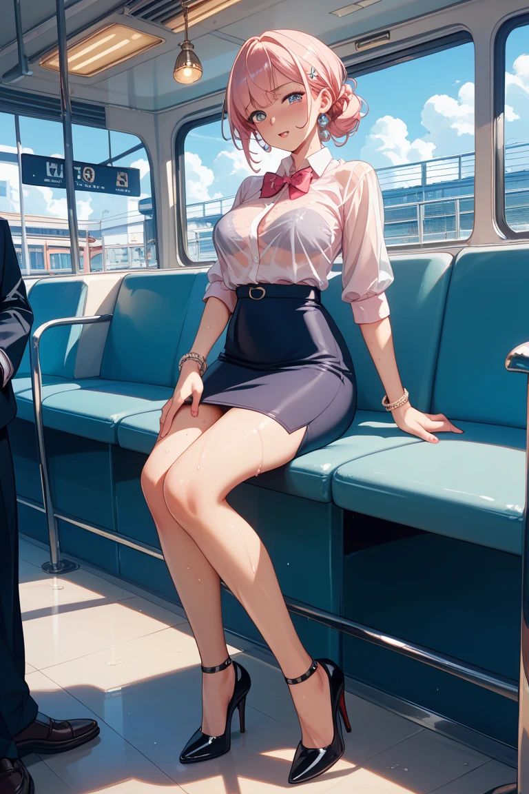 1 beautiful woman, large body, short hair, red lips, hair tied up in a bun, hair bow, eyelid makeup, long-sleeved blouse, white blouse, red ribbon on the neck, red skirt, cleavage, shoes with heels, shoes black, sleeping sitting on the bus, mouth open, eyes closed.